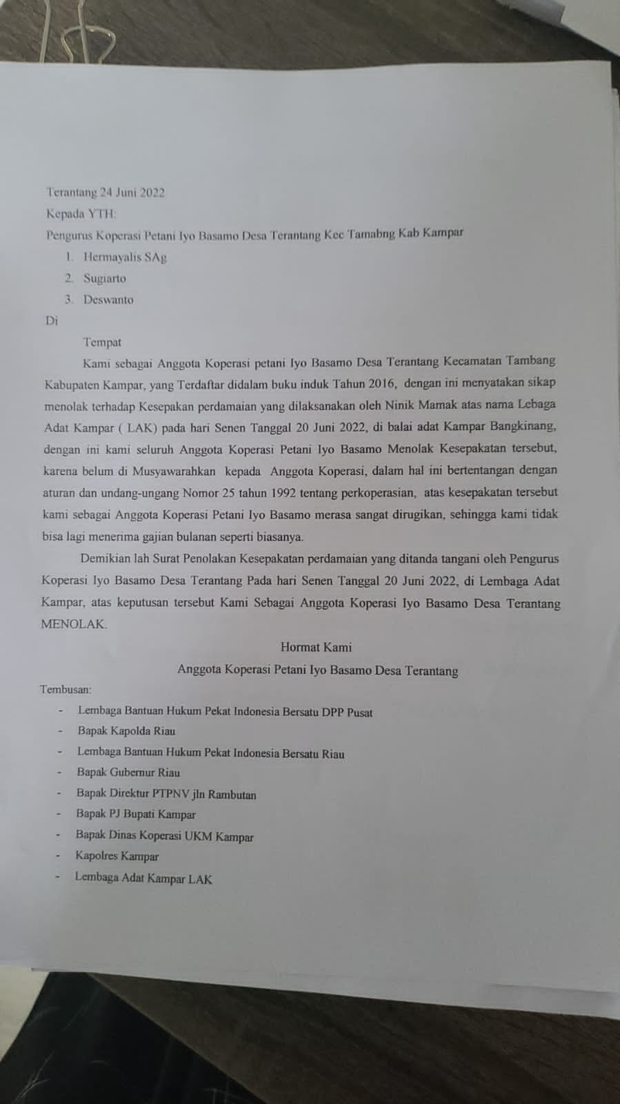 Anggota Koperasi Iyo Basamo, Menolak Kesepatakan Yang di Buat Oleh Ketua LAK Kampar