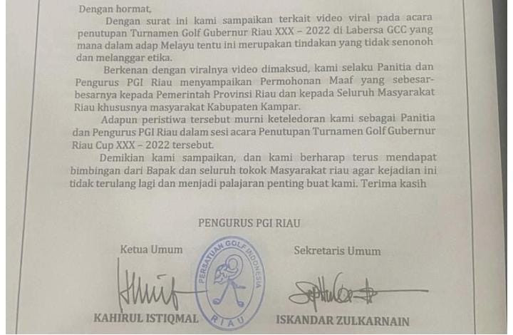 Penyanyi di Atas Meja Joget di Turnamen Golf, Ketum PGI Riau Minta Maaf dan Surati Gubri