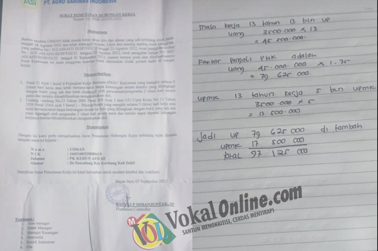 14 Tahun Kerja, Perkebunan PT ASI di Inhil Berhentikan Karyawan Sepihak