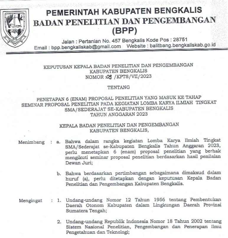 BPP Menetapkan Enam Proposal Lomba Karya Ilmiah Tingkat SLTA/sederajat Se-Kabupaten Bengkalis